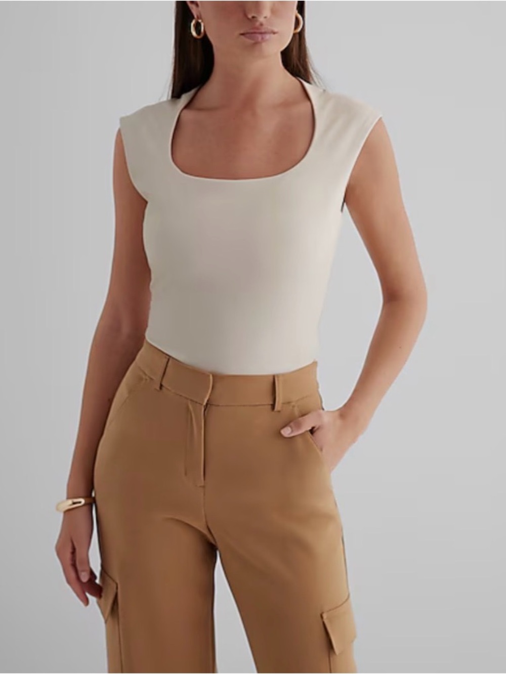 NWT Express Body Contour Faux Leather Scoop Neck Cap Sleeve Bodysuit, Sandshell